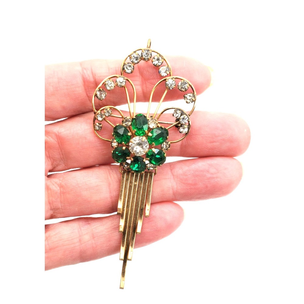 Vtg M&S Gold‎ Filled Brooch Screw Back Earrings Green Crystal Articulated Fringe